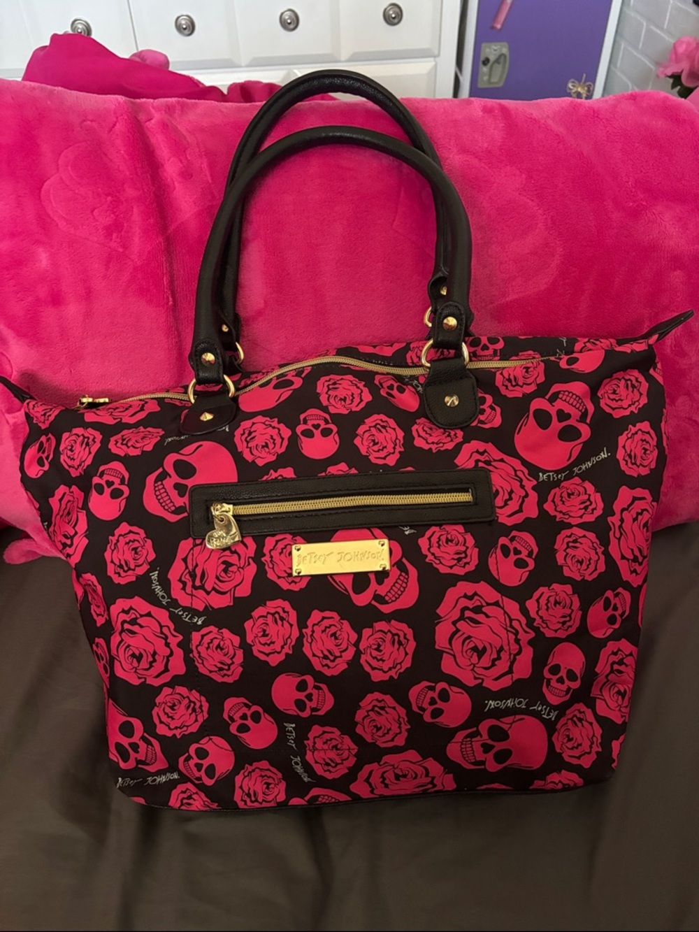 Betsey Johnson Black & Hot Pink Skull and Rose Tote